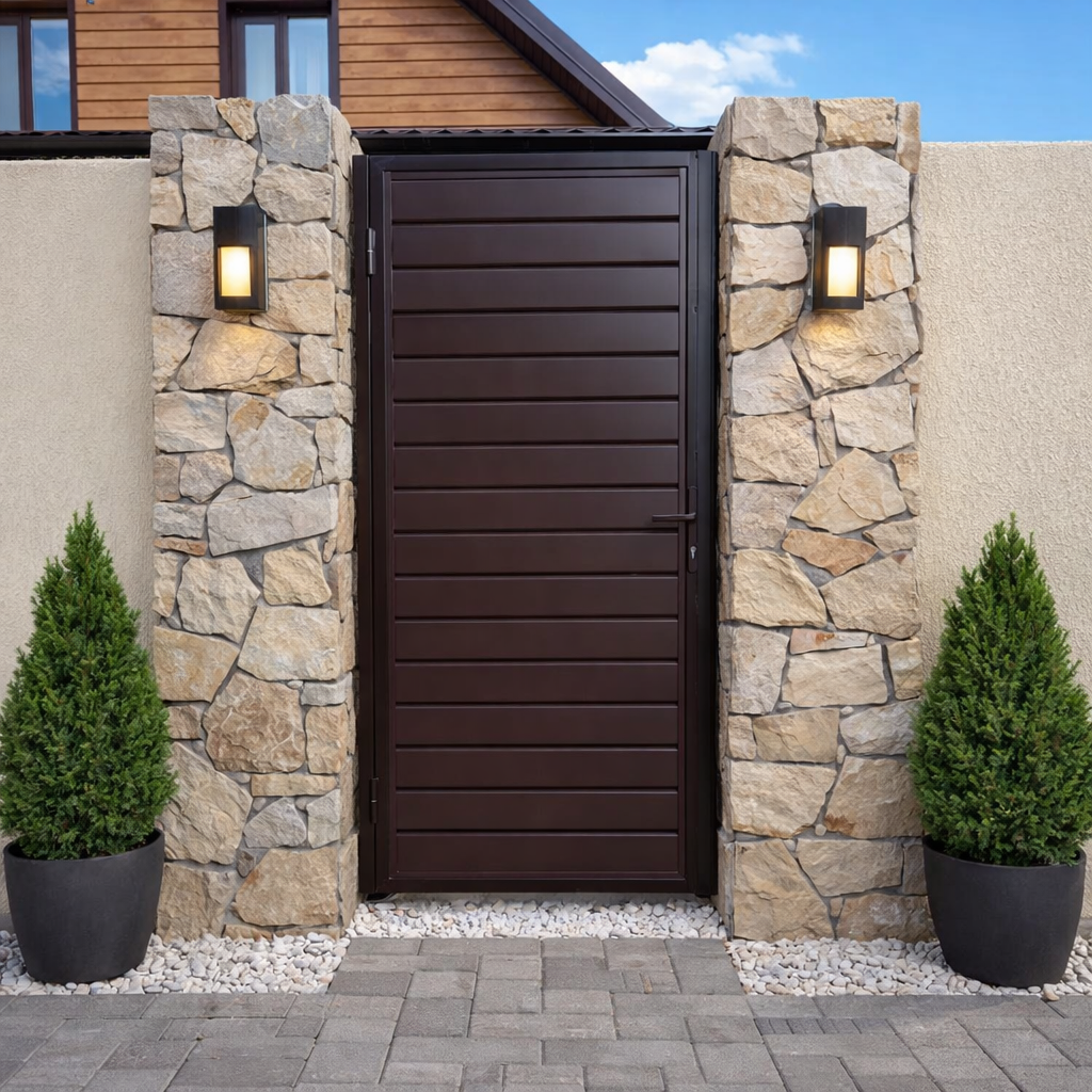 Металлическая калитка между каменными столбами