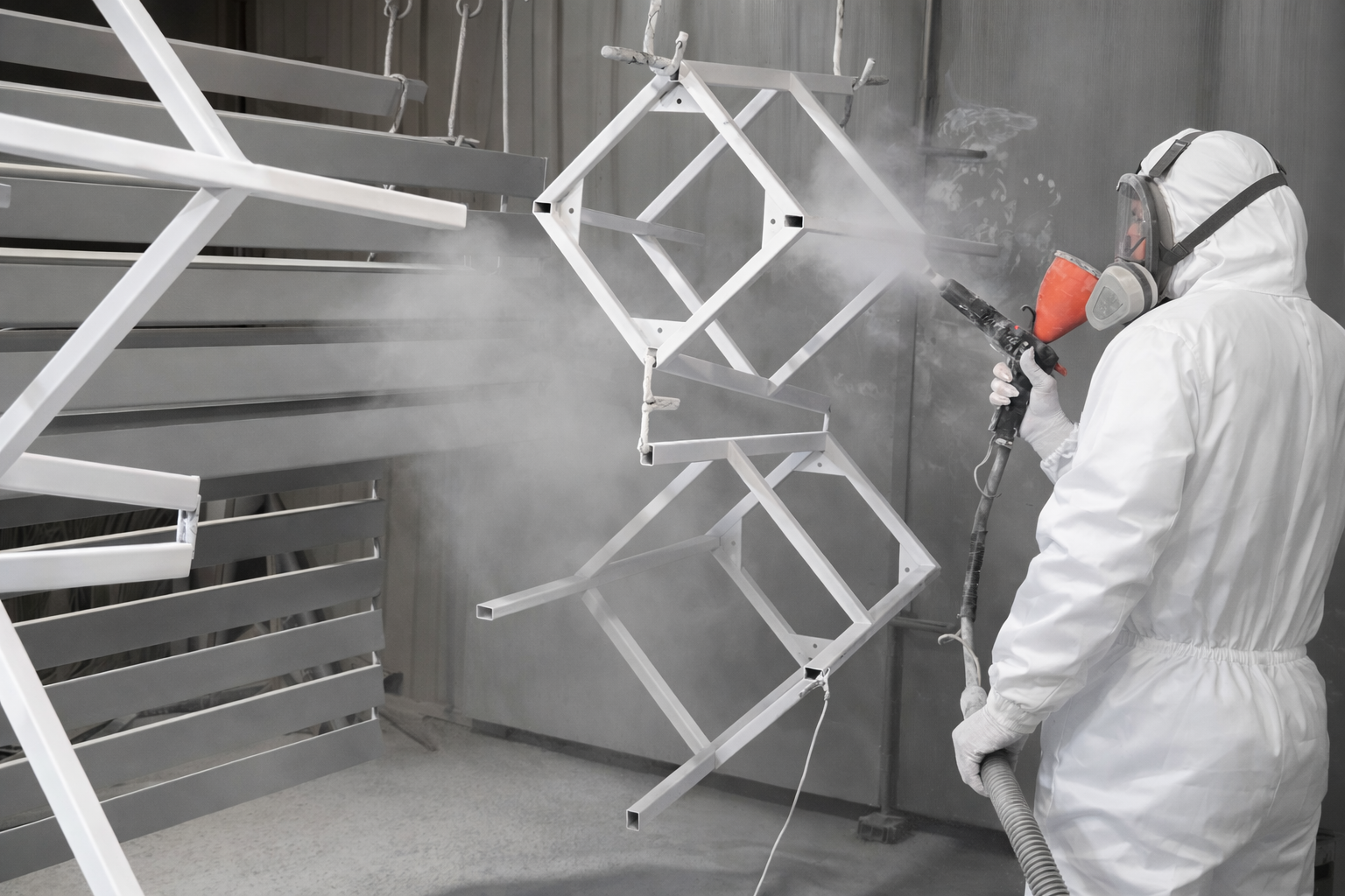 Маляр наносит порошковое покрытие на металлические изделия