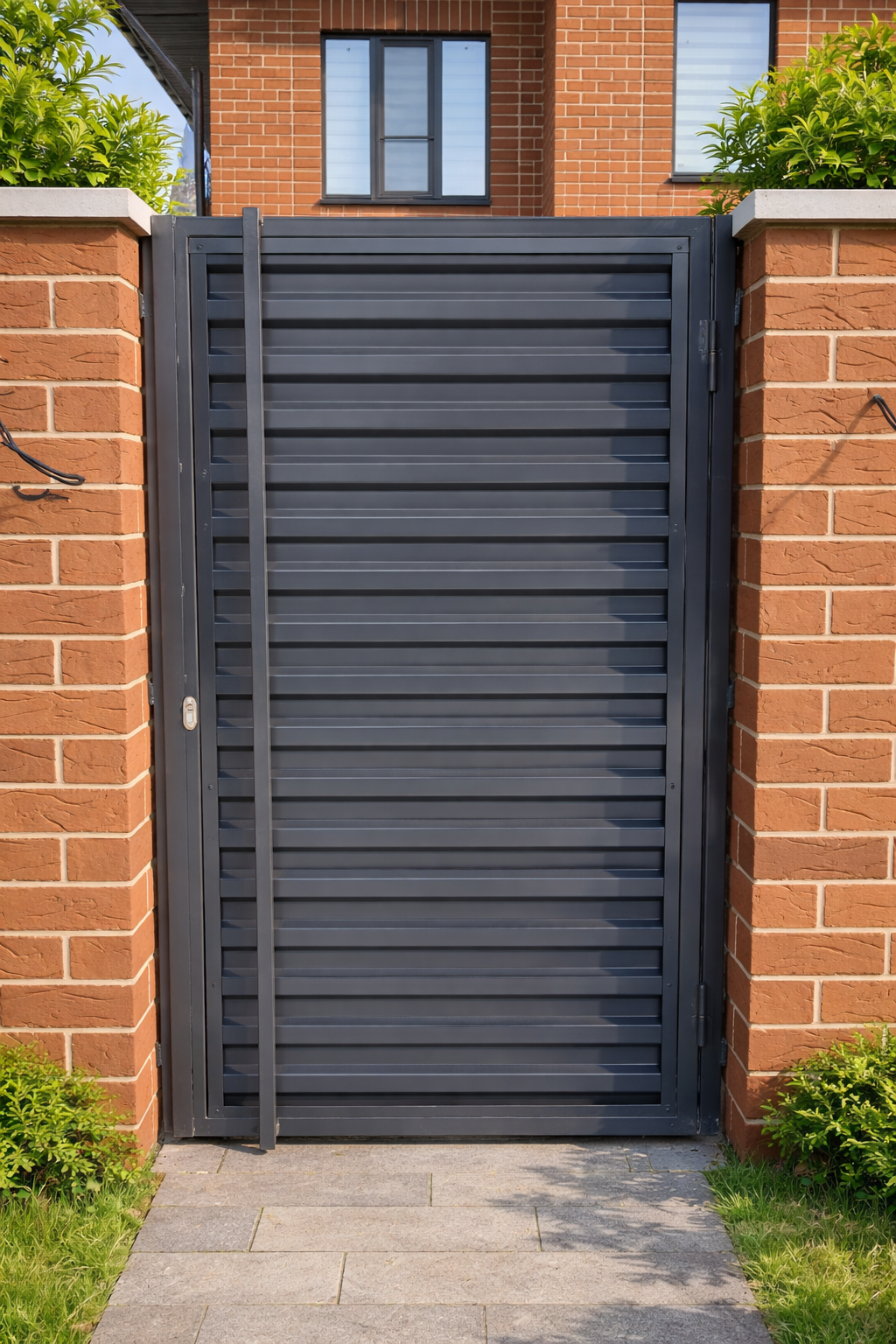 Металлическая калитка между кирпичными столбами